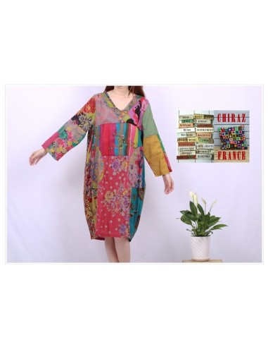 Tunique ou robe non doublée reteintée manches longues coupe tulipe PATCHWORK boho ethnique folk XL GRIS